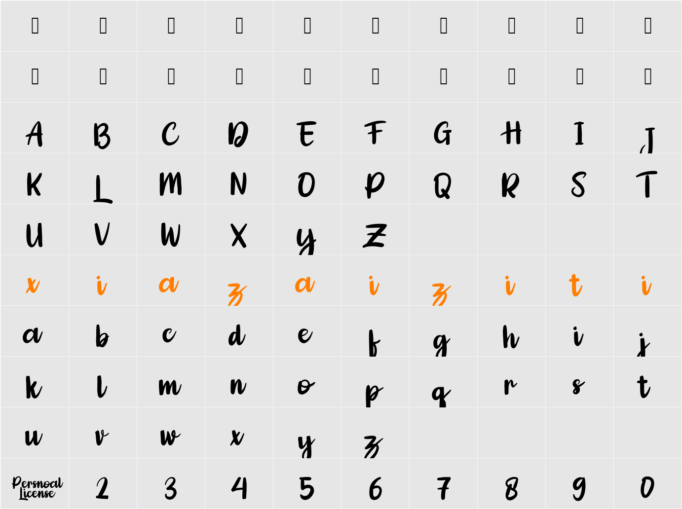 Adelica Brush Demo 字符映射表
