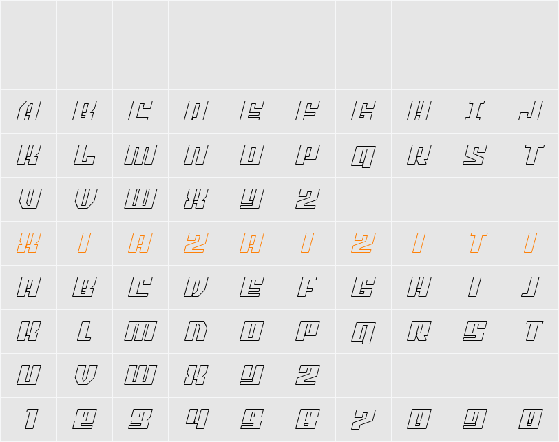 American Grain Outline Italic 字符映射表