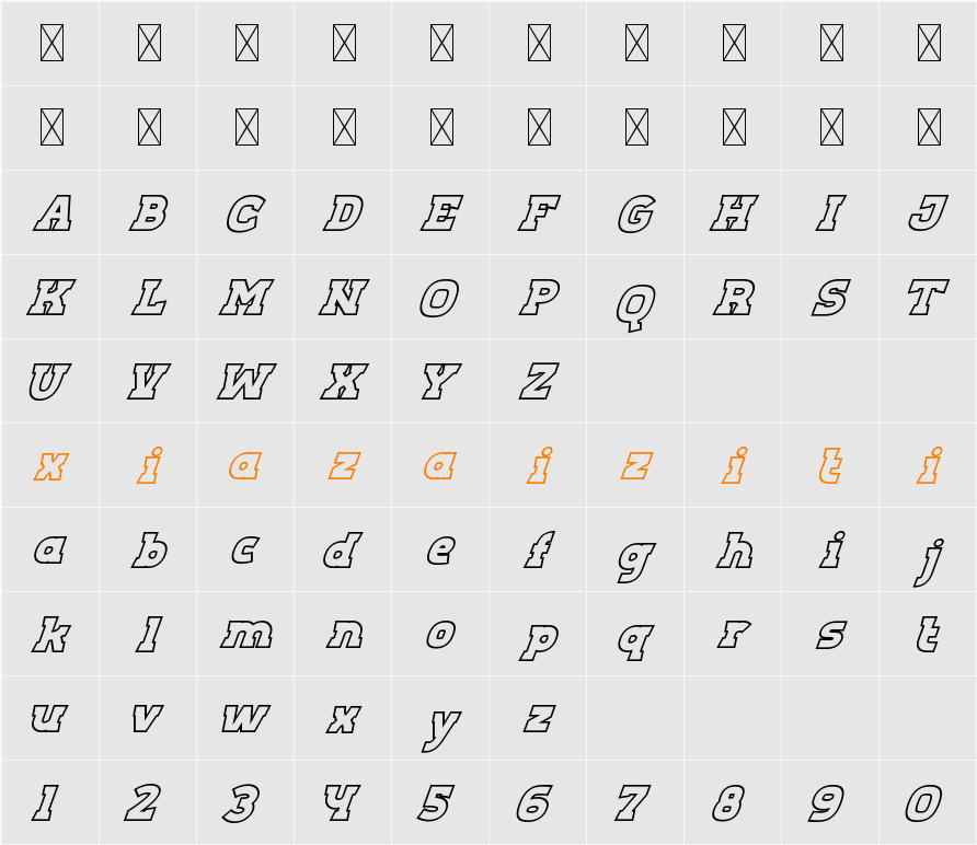 Aero Sans Outline Slant 字符映射表