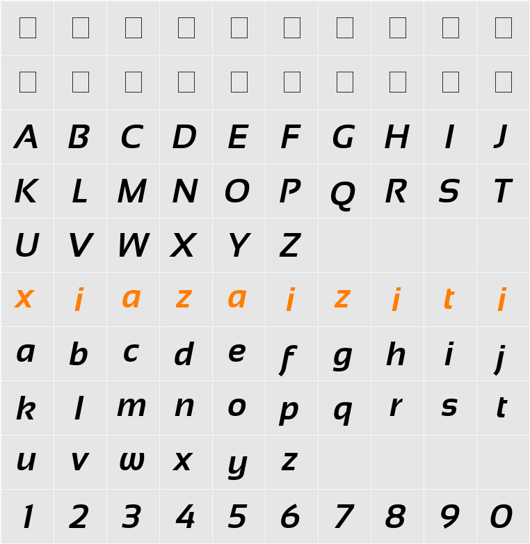 Sansation 字符映射表