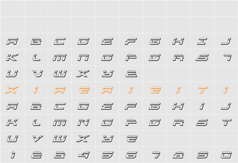 Alexis Bullet Italic 字符映射表