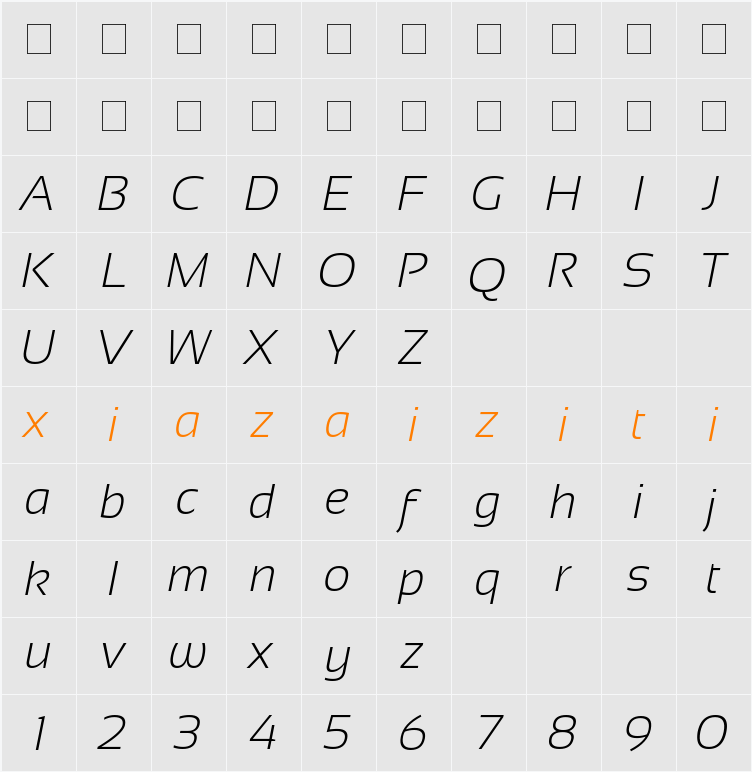 Sansation Light 字符映射表