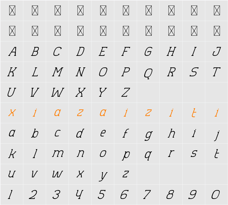 Aero Sans Light Slant 字符映射表