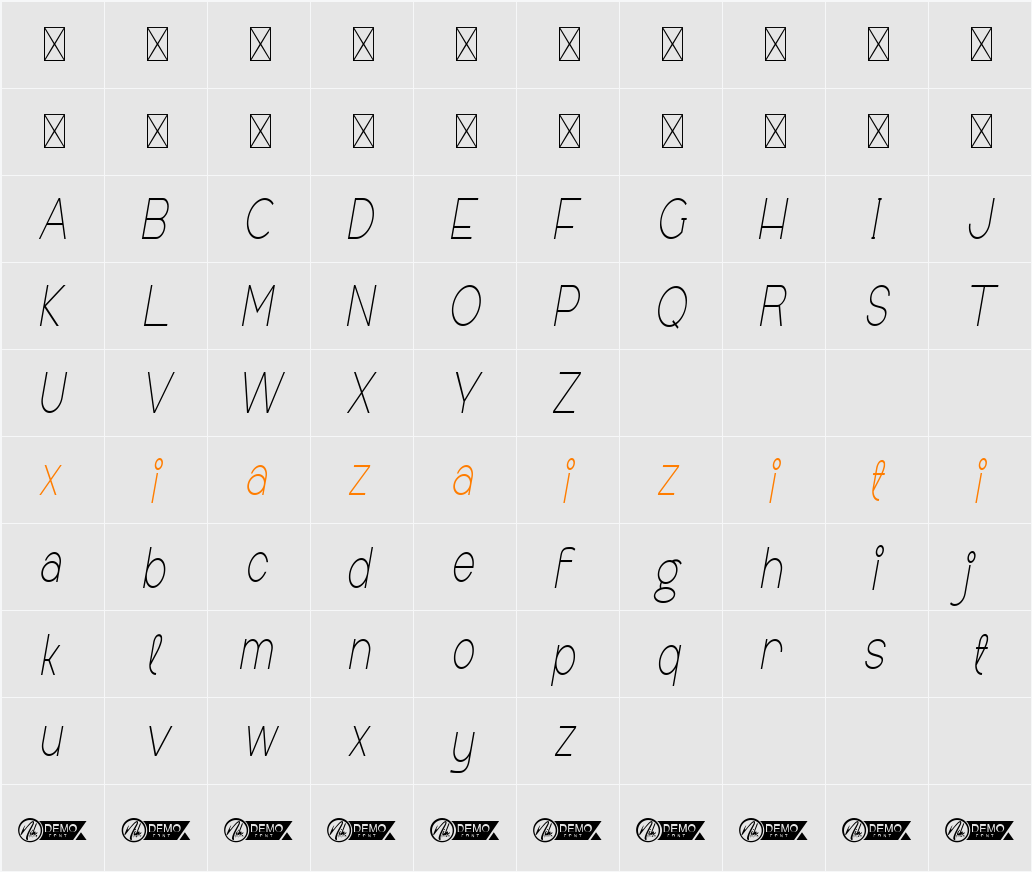 Allegany Demo Condensed Italic 字符映射表