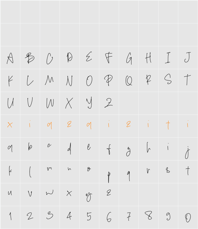 Brushy Handwriting - Demo 字符映射表