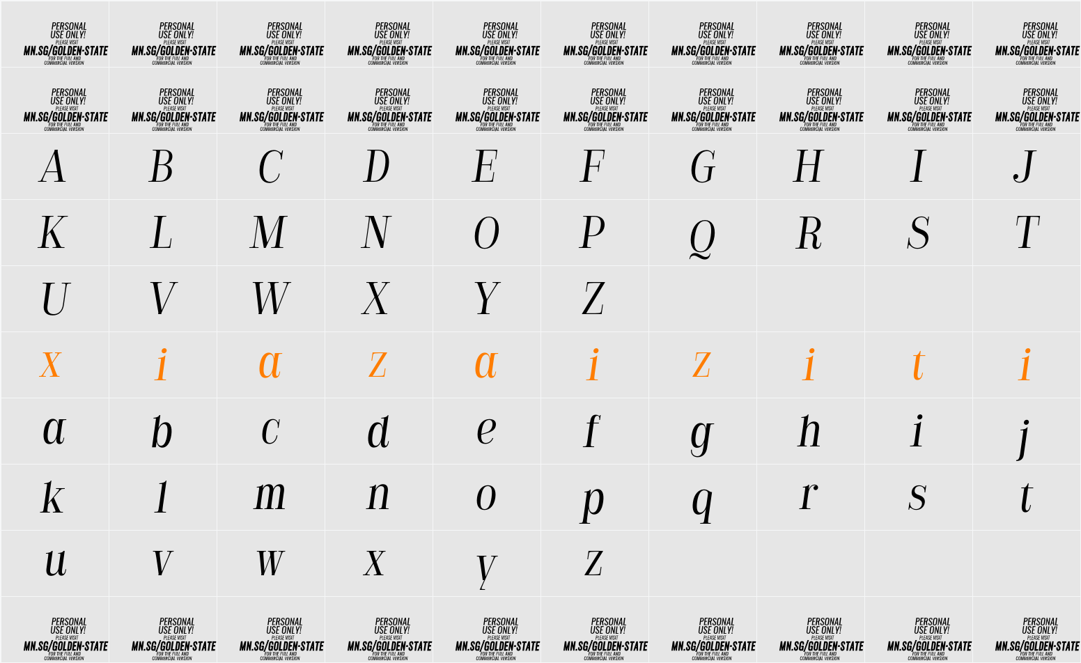 Golden State Serif PERSONAL Light 字符映射表