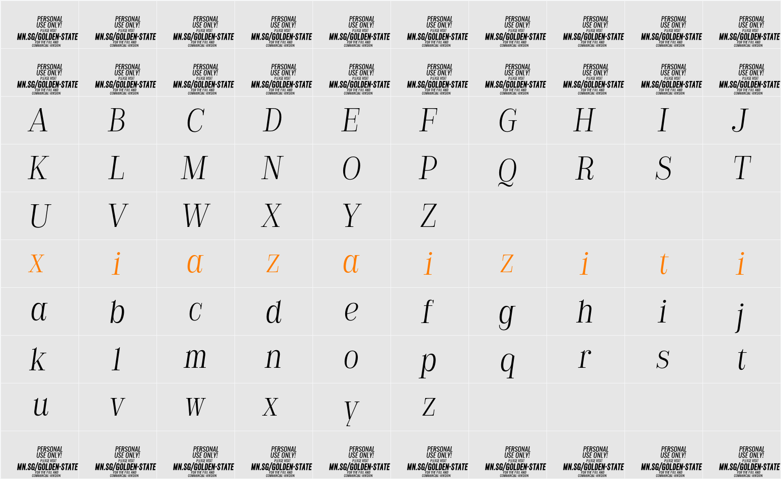 Golden State Serif PERSONAL Thin 字符映射表