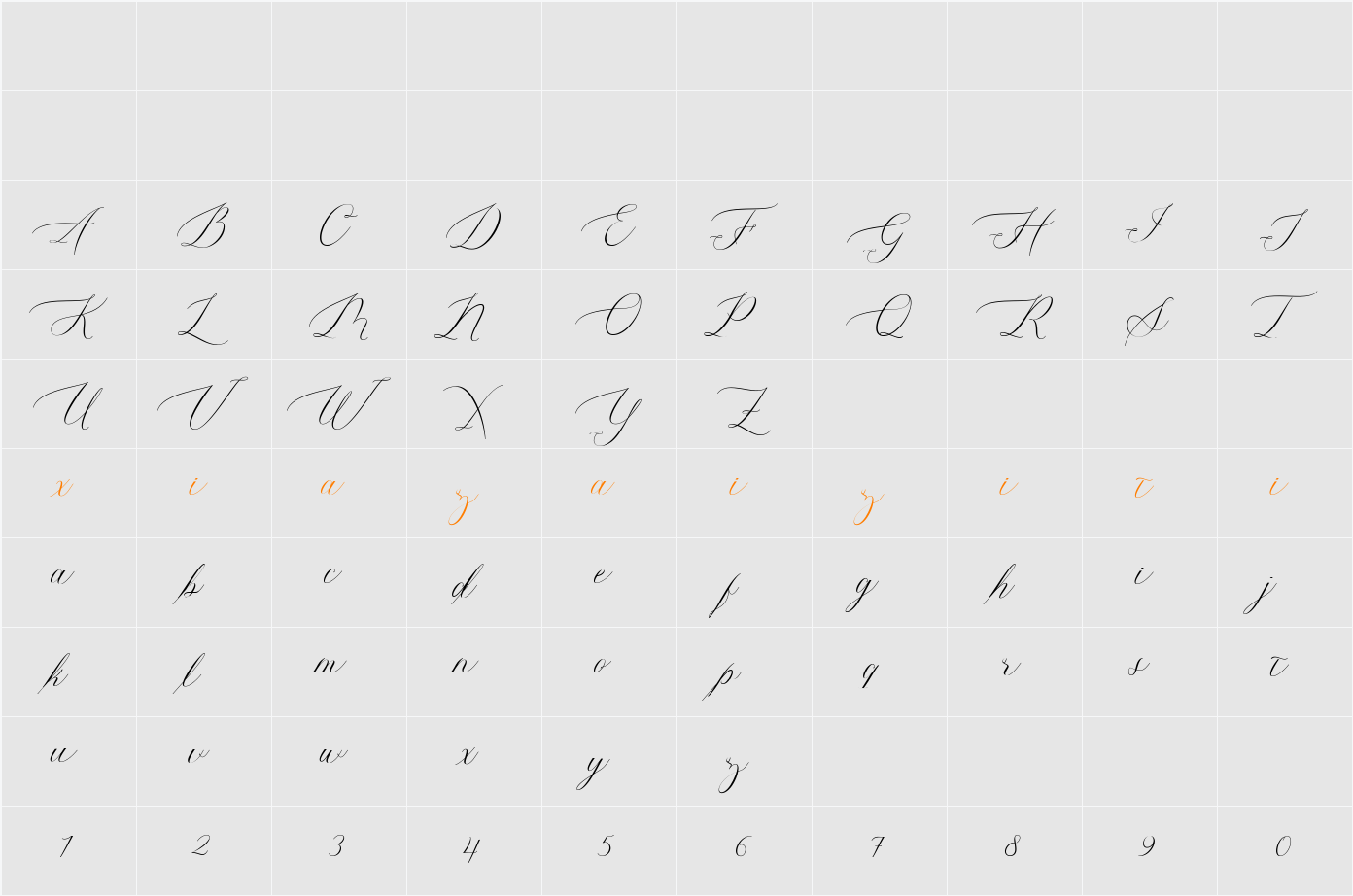 Mustang Script 字符映射表