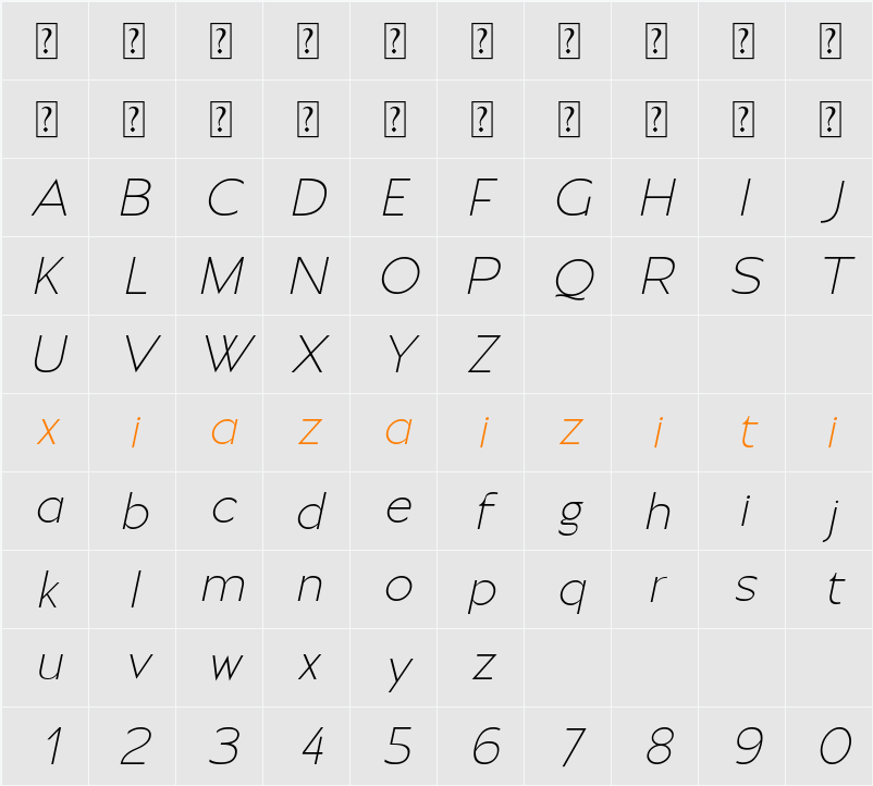 Moirest Light Italic 字符映射表